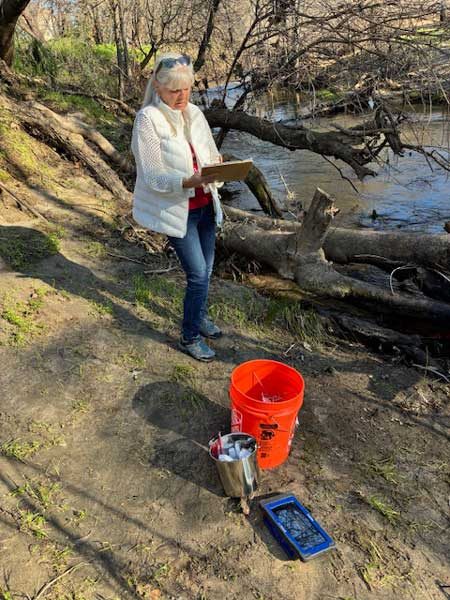 A volunteer recording notes beside the creek